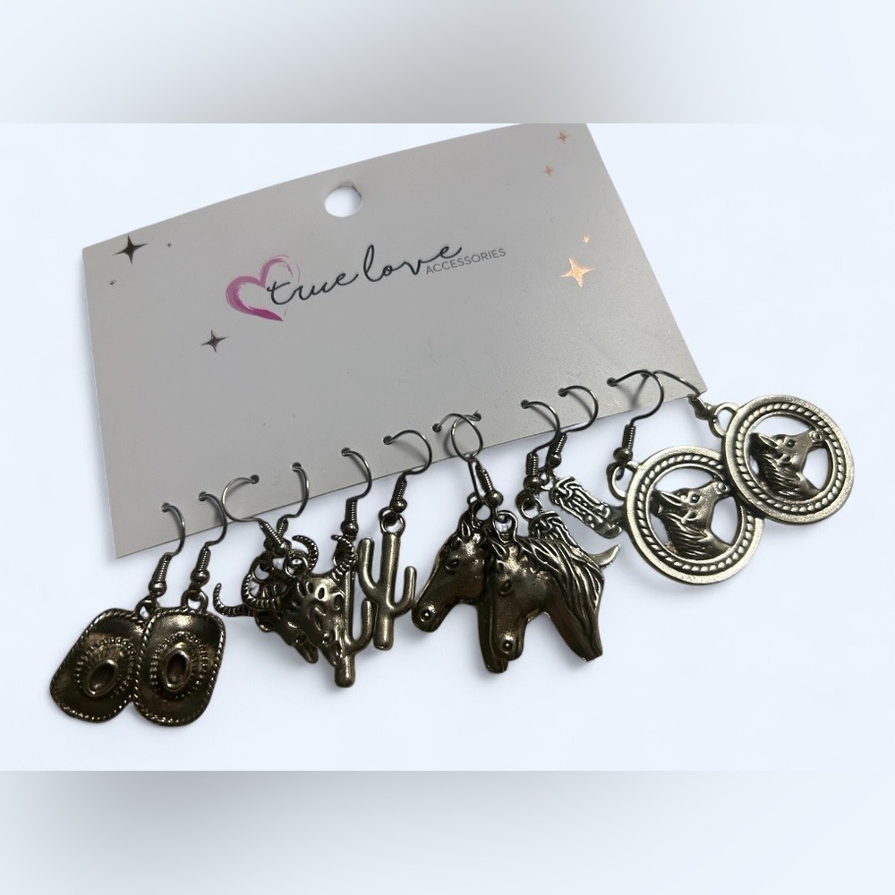 Western Charm Dangle Earrings Set of 6 – Southwestern Boho Silver Tone